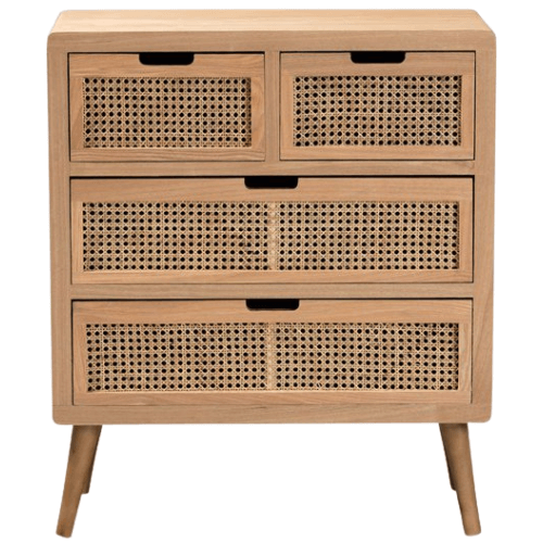 Oak wood with 4 Rattan drawer chest