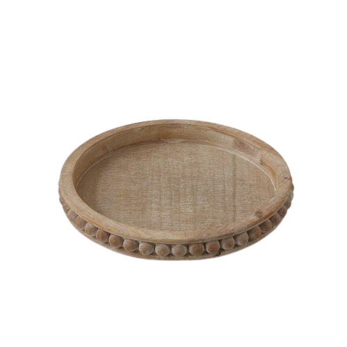 round wooden coffee tray with sphere engravings
