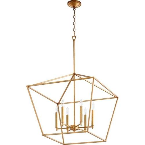 Gold open lantern shape light fixture with candle lights.
