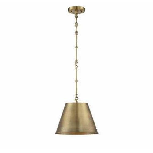 Single brass colored conical light fixture hanging on chain