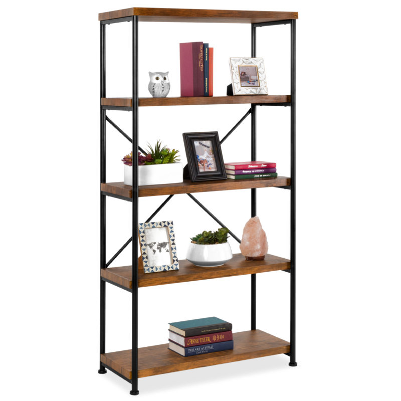 5 tier wooden and metal bookshelves