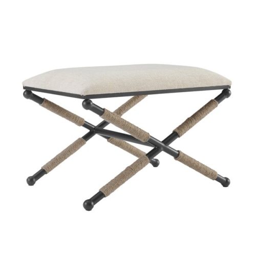 Metal cross legged stool with cream upholstery