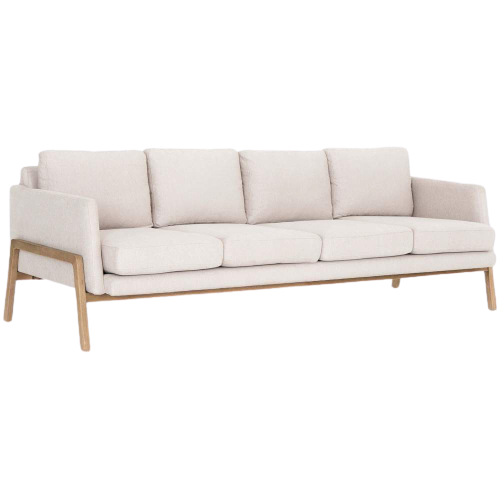 creamy colored sofa with wooden legs and side supports