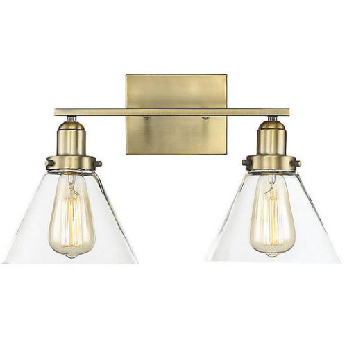 two armed wall light fixture in warm brass with glass conical shades