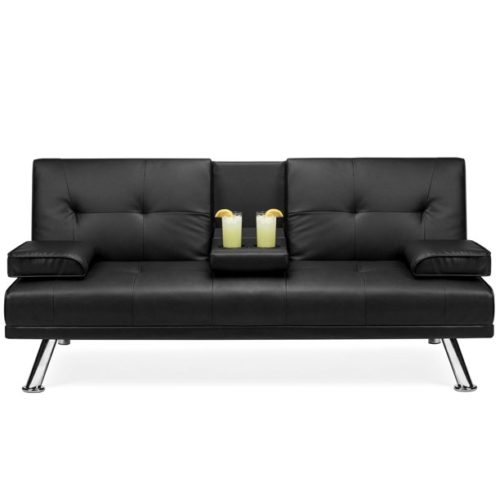 Black faux leather futon with silver metal legs and removable armrests
