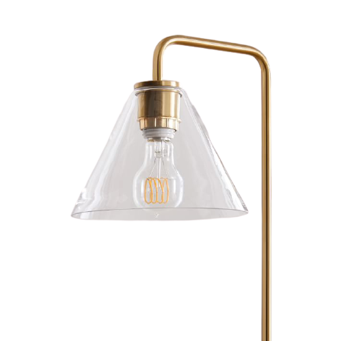 tall brass colored floor lamp with glass cone shade