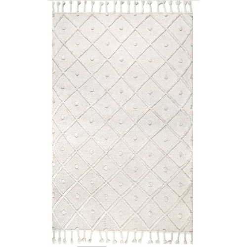 White Textured with Tassels Area Rug