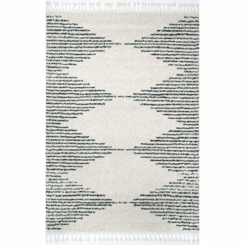 Gray and off-white geometric area rug with end tassels