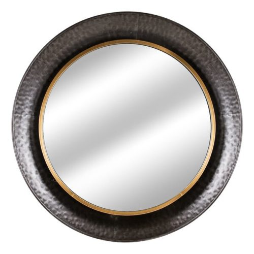 round mirror with a thick dark silver metal frame