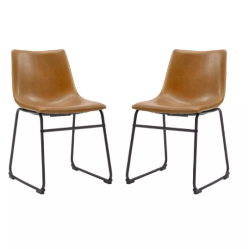 Set of two light brown faux leather dining chairs