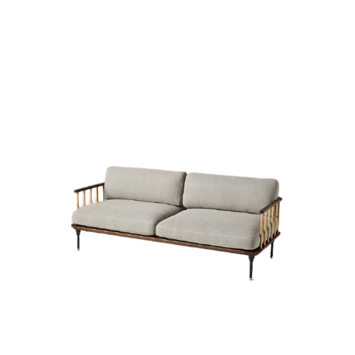 Light colored sofa with wooden slatted back and armrests