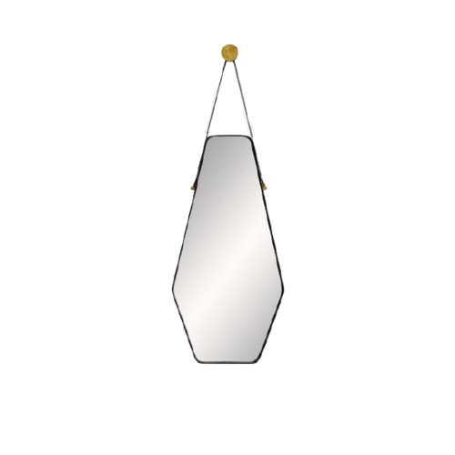 mirror shaped in a heightened pentagon shape hanging from a leather cord