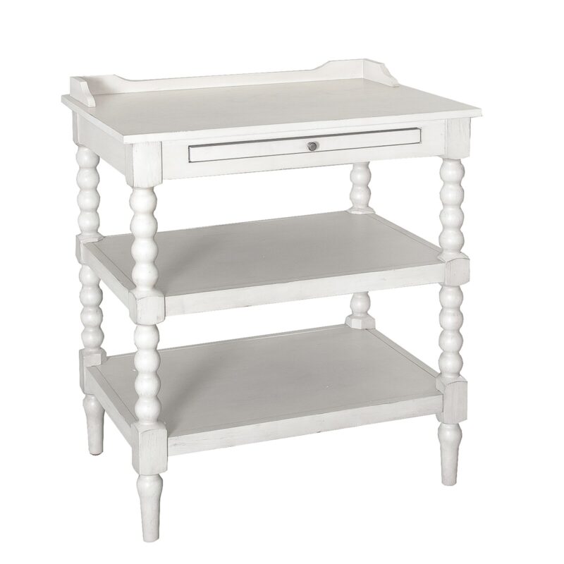 White nightstand with knobbed legs and two lower shelves. single shallow drawer at the top