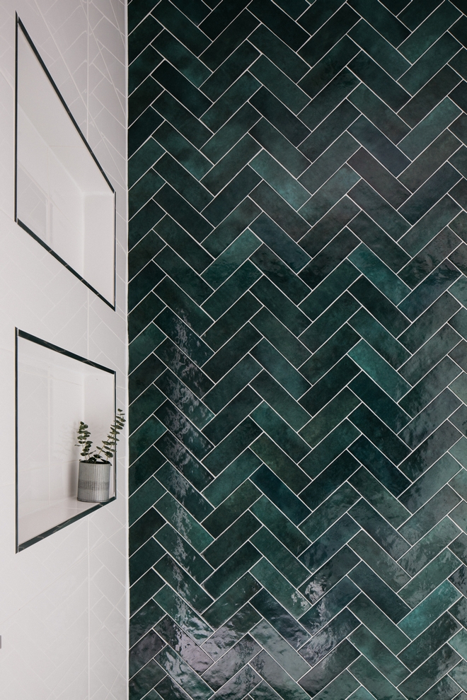 Emerald 3"x12" tiled statement wall in a shower