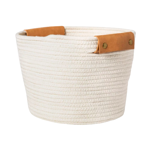 white coiled rope basket, soft square shape, with two brown faux leather handles