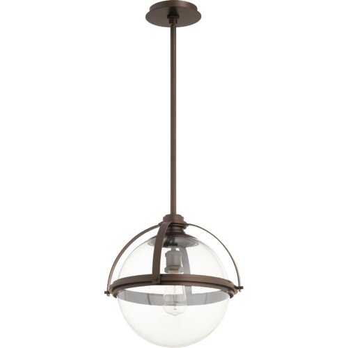 Globe shaped glass pendant with a single dark bronze metal strip running horizontally across the center and top half of the globe.