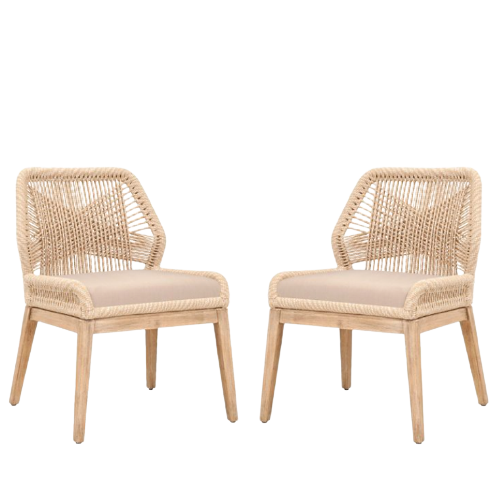 set of two sand colored chairs with woven rope structure and an upholstered cushion