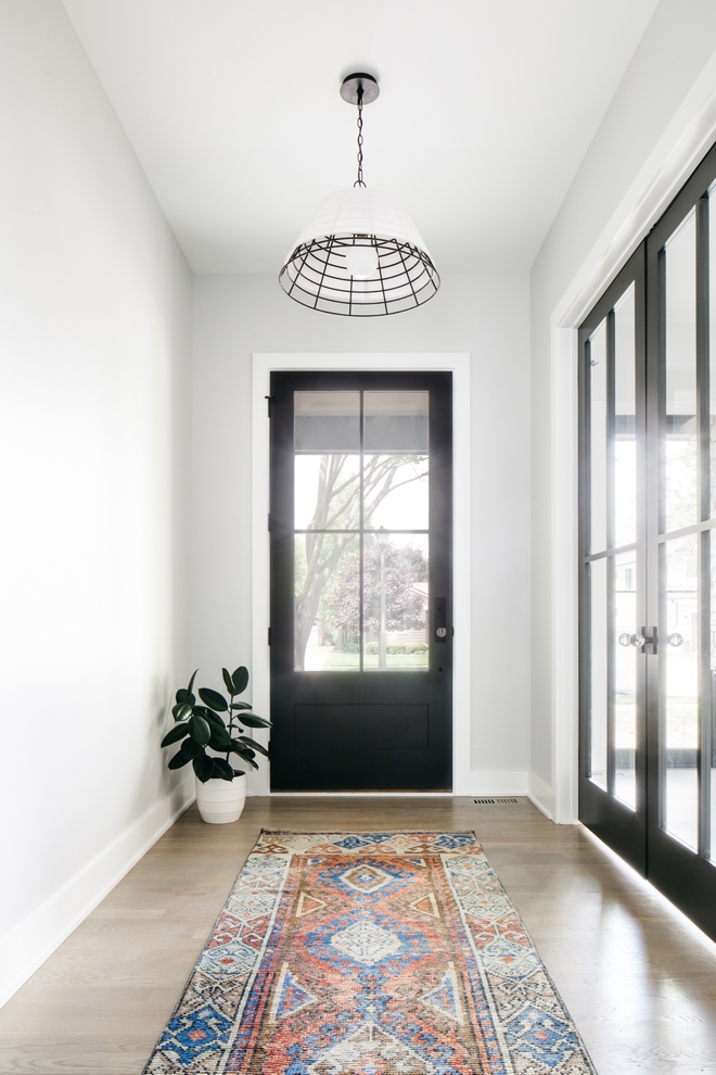 Modern entryway with tall, 3/4 glass door and a rustic yet colorful runner rug. Double office doors to the right