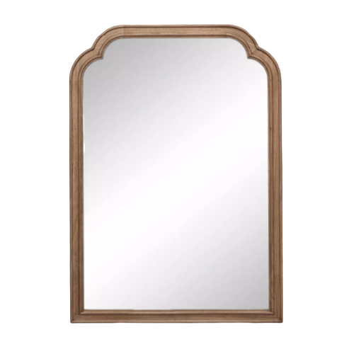 wood framed rectangle mirror with scalloped top corners