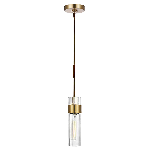 cylinder shaped glass light hanging from brass cord