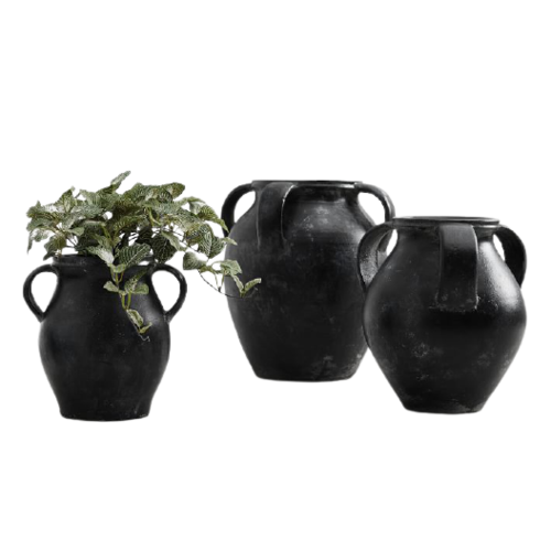 black ceramic vases with three rounded handles