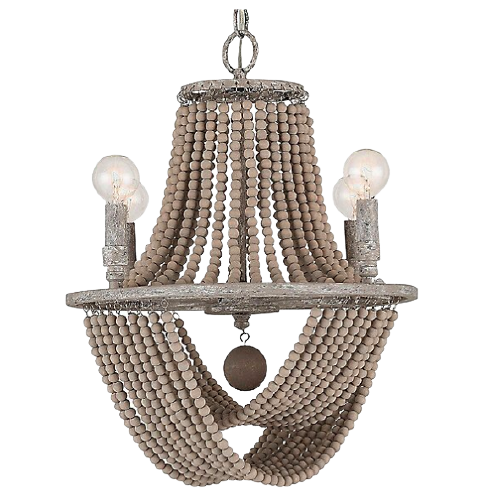 Taupe colored chandlier made with strands of thick beaded wood