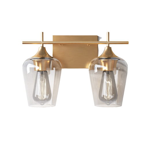 two wine glass shaped bulbs attached by a thin brass rod and brass wall mount