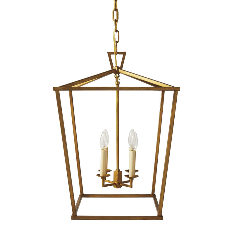 Large Brass colored, lantern shaped pendant with no glass and four candles