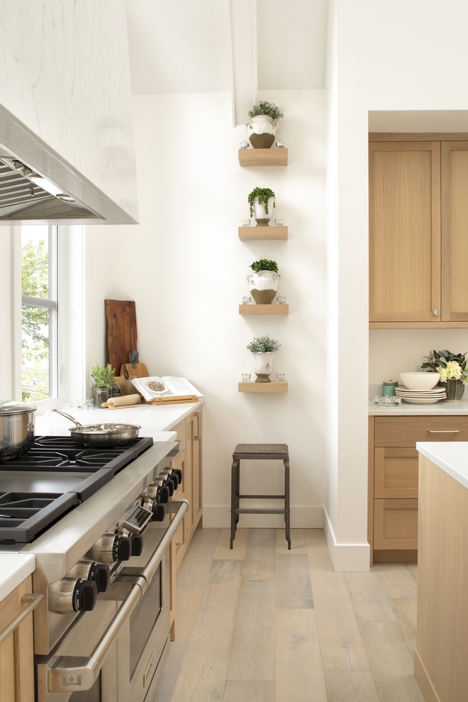 four floating oak shelves with potted plants on each