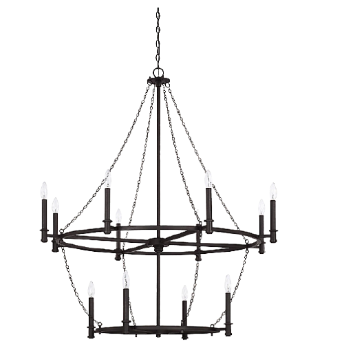 Simple two level round chain chandelier with candle lights, dark metal