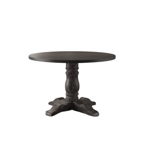 Dark wood round table with a single leg, supported by four outstretched feet