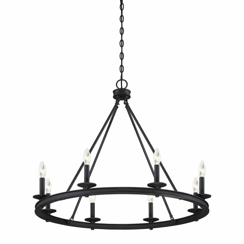 black metal round wagon wheel style chandelier with eight candle lights