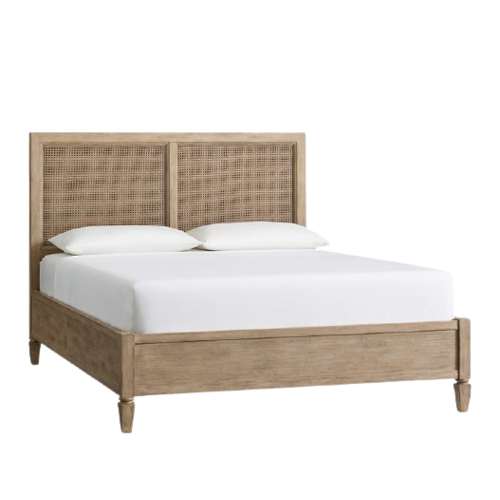 white washed bed frame with rectangular paneled headboard
