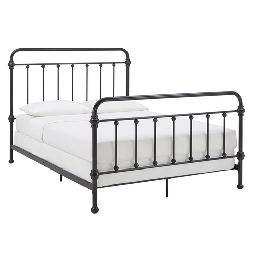 Dark metal framed bed with vertical panels and knobs at each intersection point