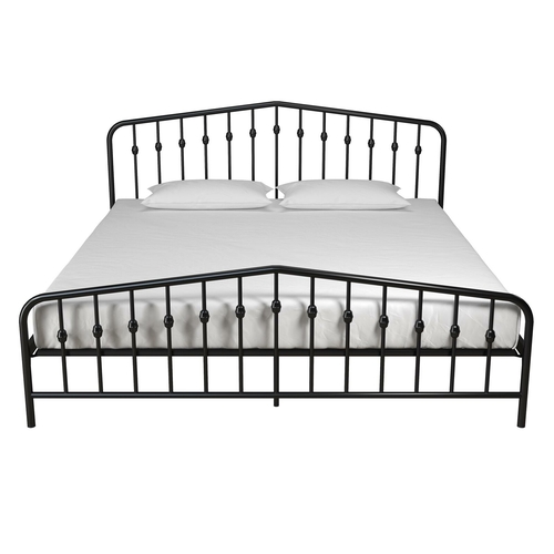 Black metal frame bed with slight balls on the foot- and headboard bars