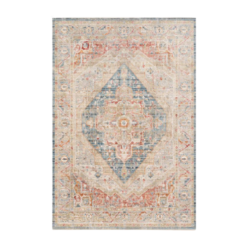 Blue and red rustic stressed rug