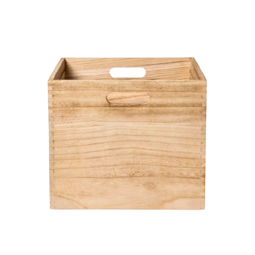 square wooden milk crate style storage bin with two cutout handles