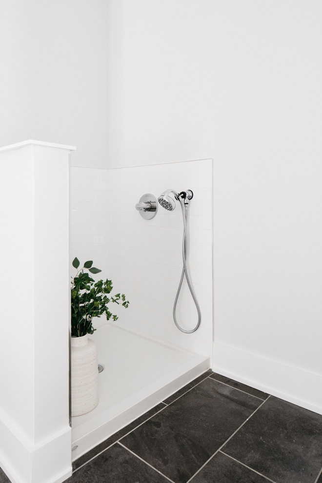 white stone pet shower with white walls and dark tile floors.