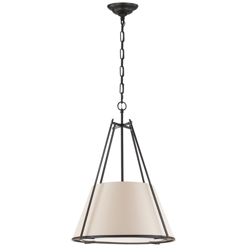 Hanging Conical drum light with metal frame and cream colored shade