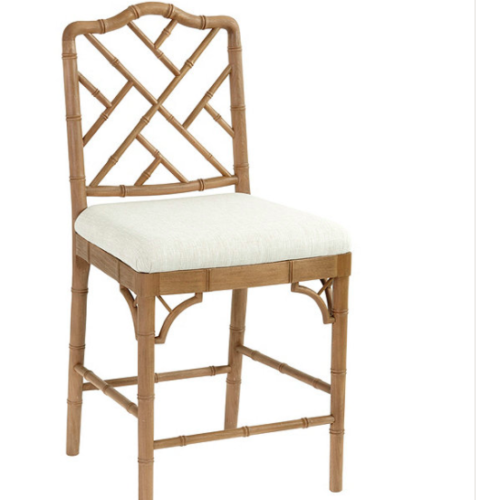 Bamboo chair with geometric slated back and cream upholstered cushion