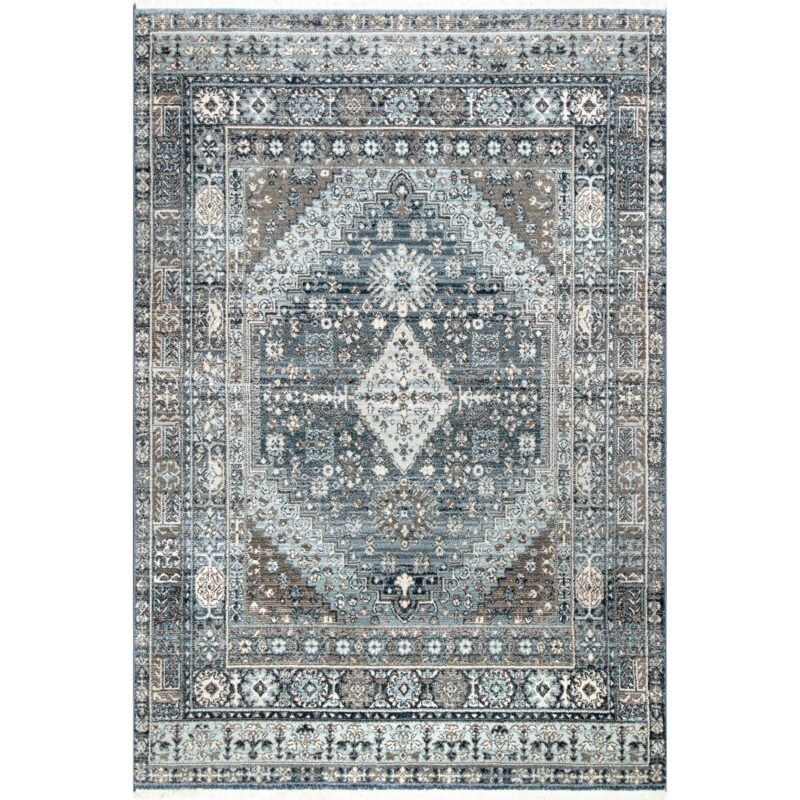 Blue and beige pattered area rug with central diamond shape