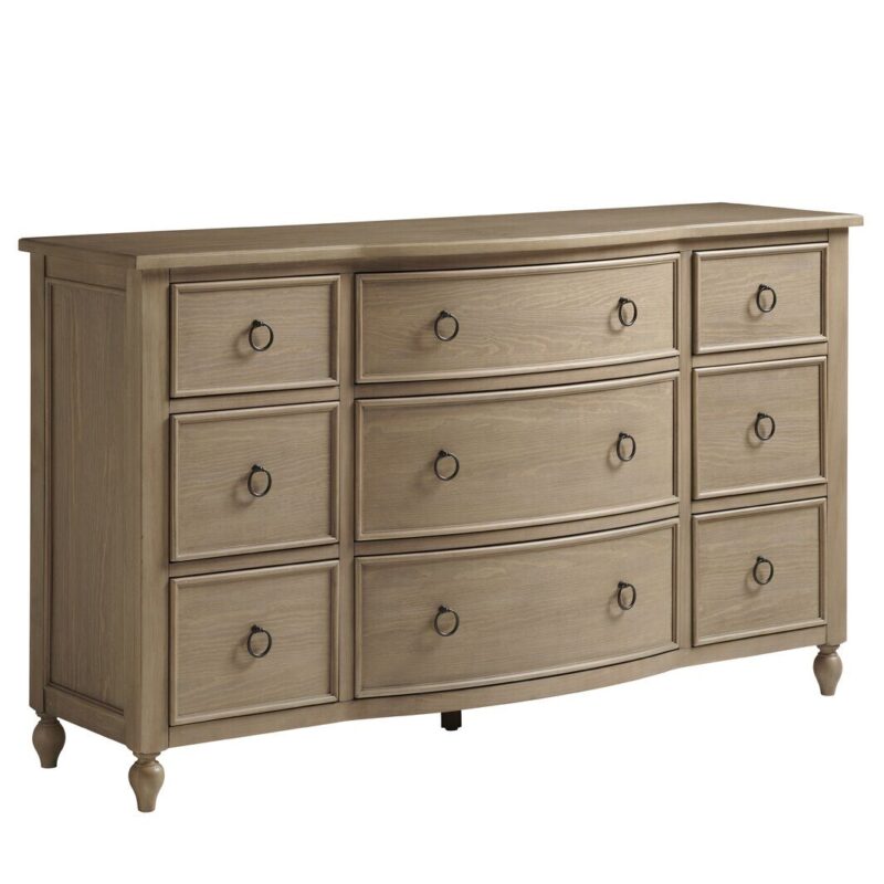 Light wood dresser that curves out slightly in the center. 9 drawers, 6 small on the sides and 3 large in the