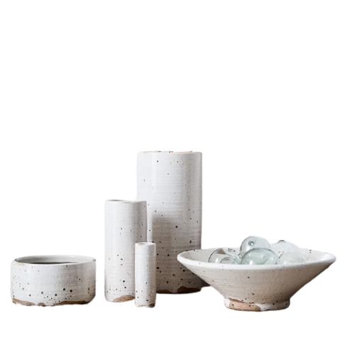 Speckled white terra cotta vases, variety of shapes