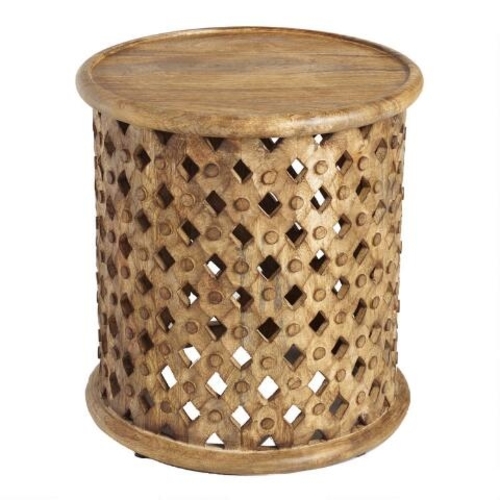Round wood latticed side table with flat solid top, hollow inside