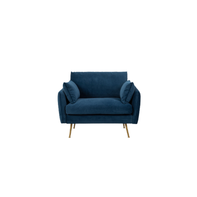 Blue oversized armchair with small side cushions and four narrow gold peg legs