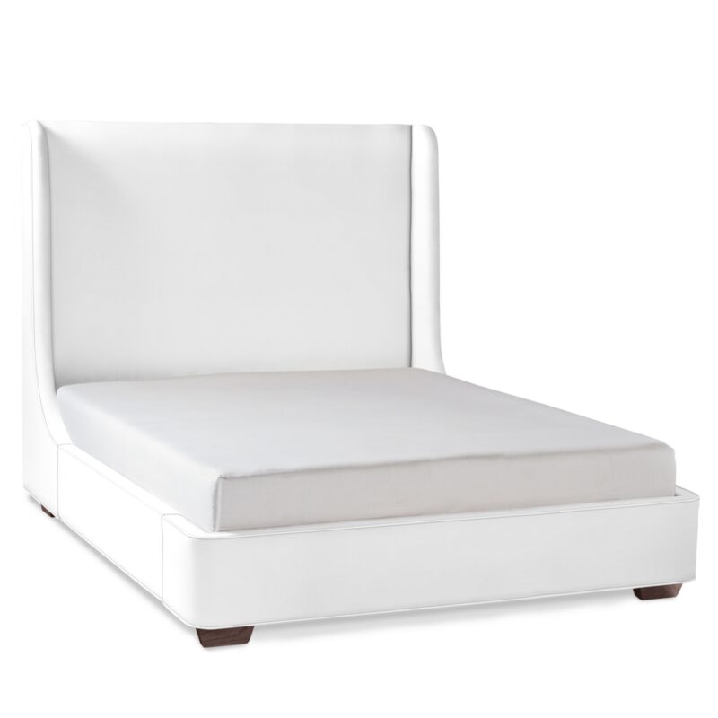 white bed frame with tall cushioned headboard