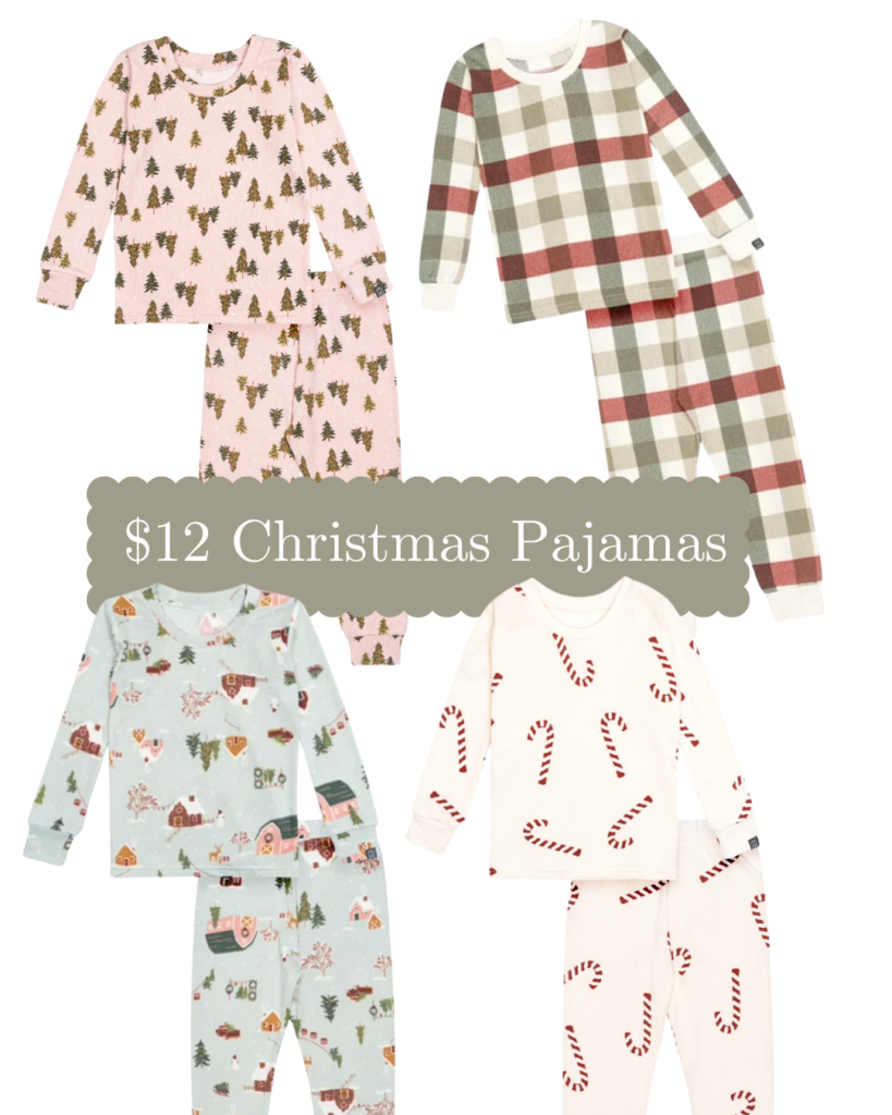 cute patterns and cute color children's Christmas pajamas laid out.